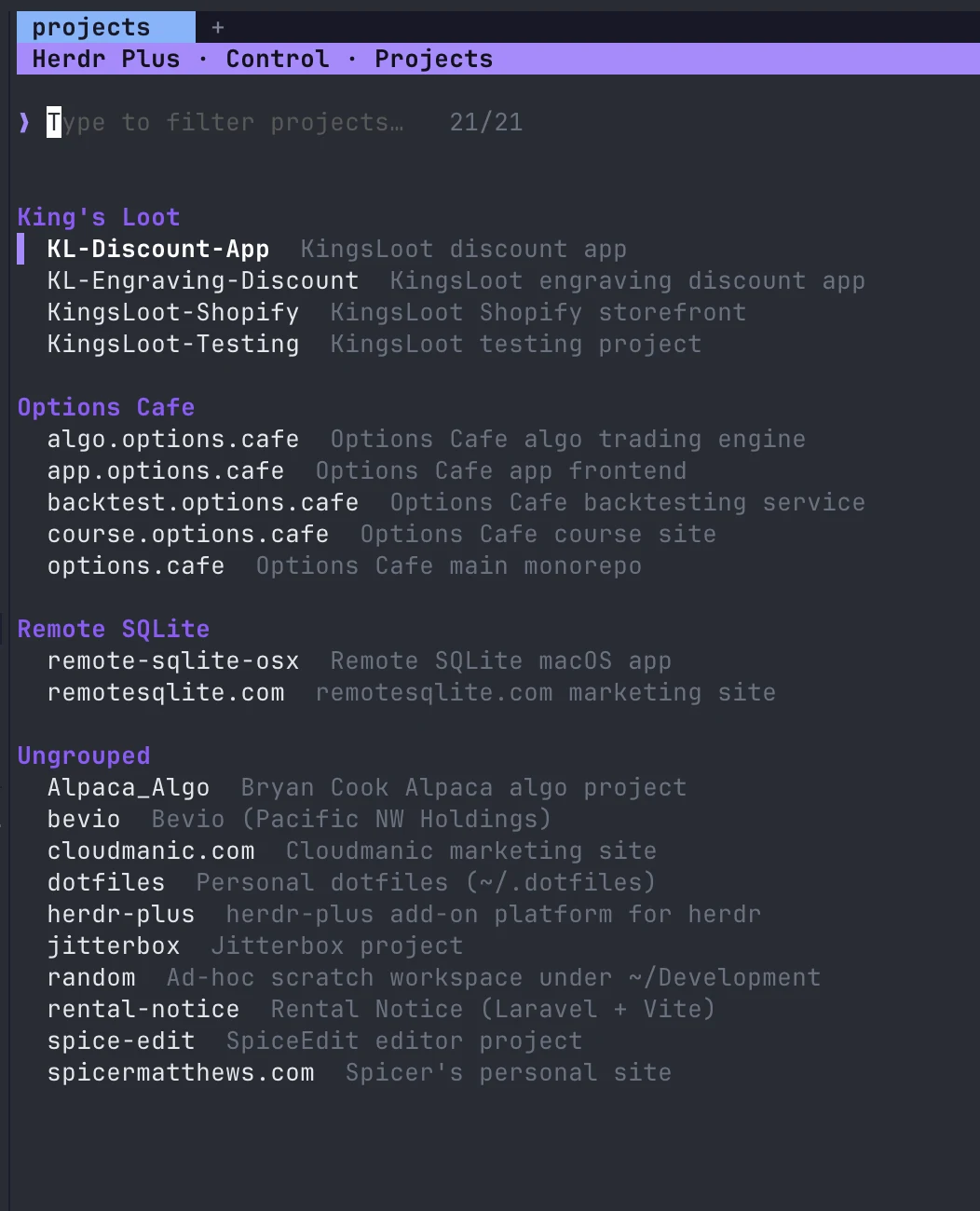 The herdr-plus Projects browser showing 21 projects grouped by client — King's Loot, Options Cafe, and Remote SQLite — with the remaining projects under an Ungrouped heading.